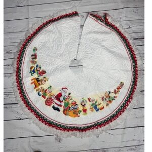 Vintage Rennoc Quilted Christmas Tree Skirt Santa & Elves